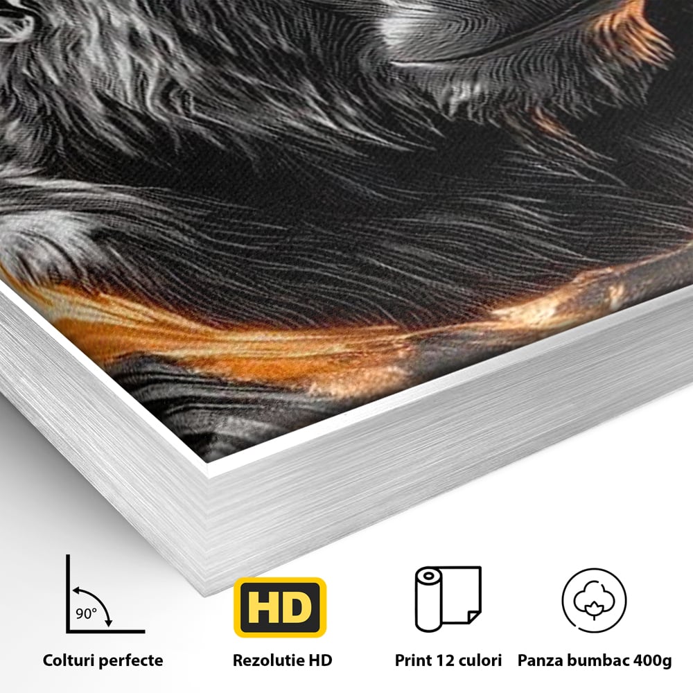 Detaliu al suprafetei: tablou canvas cu gorila si cerc de foc, in rama de aluminiu argintiu